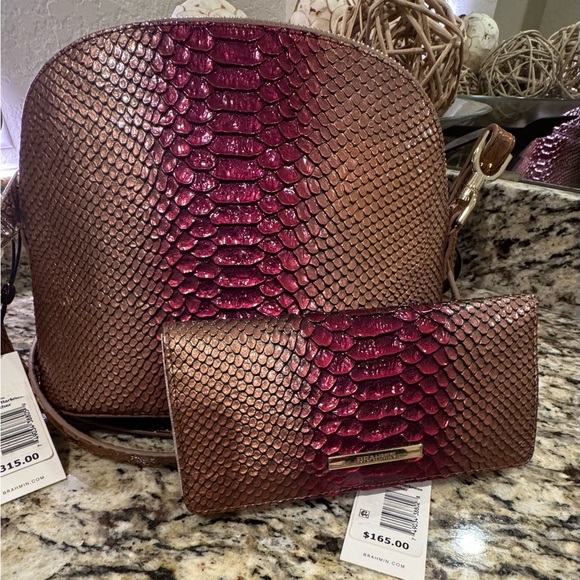 Brahmin Pink and Brown Textured Backpack and Wallet